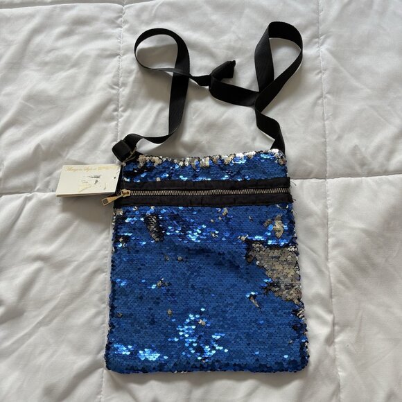 NWT Sasha New York Blue Silver Sequin Crossbody Purse Strap Black Club Party - Picture 6 of 8